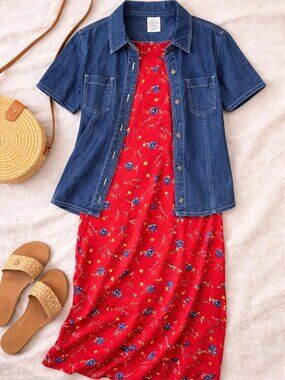 Studio Ease Red Floral Dress Denim Jacket Set Size 14 Vintage 2pc